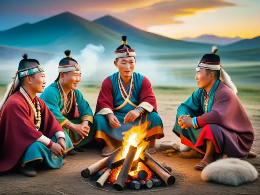 Costumbres tribus nómadas participar respetuosamente alrededor de fogata nocturna
