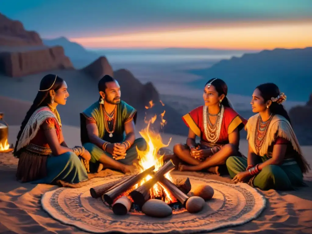 Costumbres tribus nómadas participar respetuosamente alrededor de fogata al anochecer en desierto estrellado