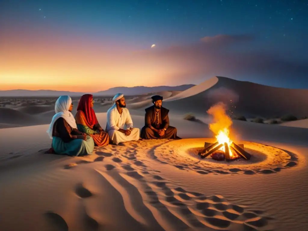 Costumbres tribus nómadas participar respetuosamente en ritual espiritual en el desierto estrellado