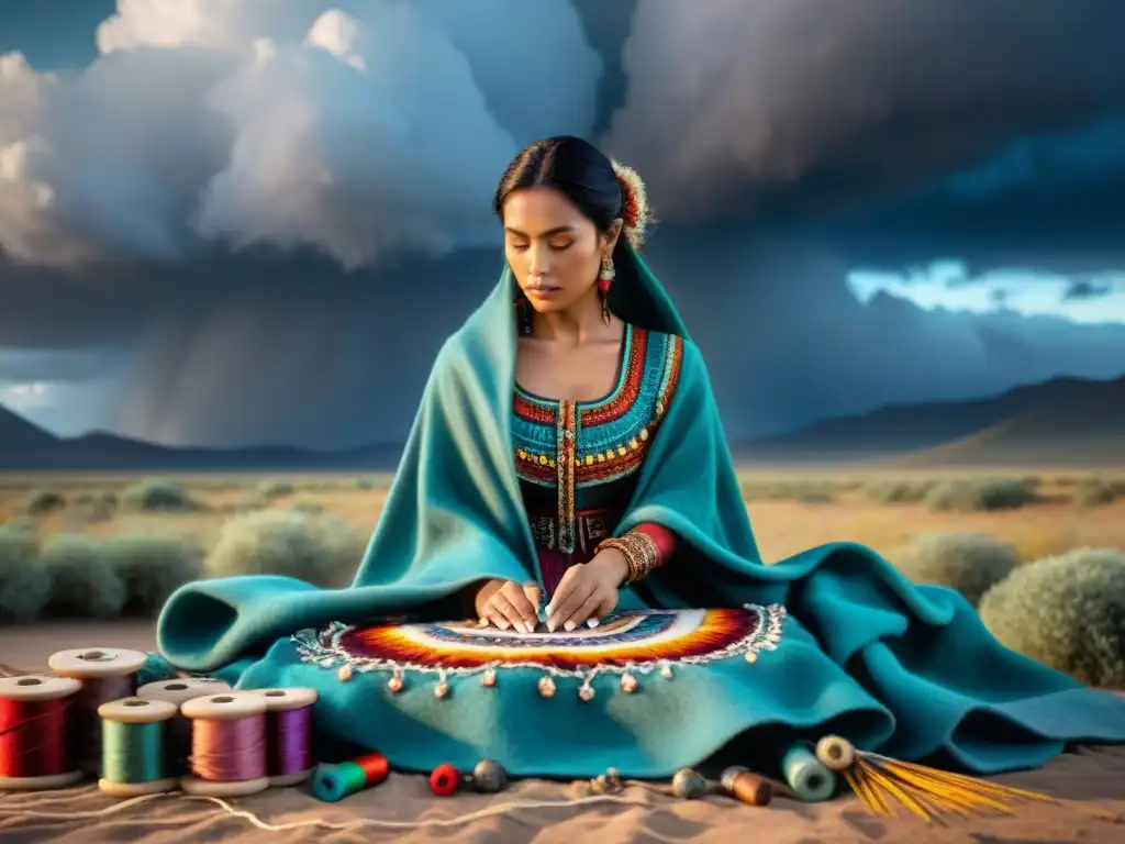 Costurera de tribu nómada creando a mano un manto de fieltro tradicional entre hilos y abalorios