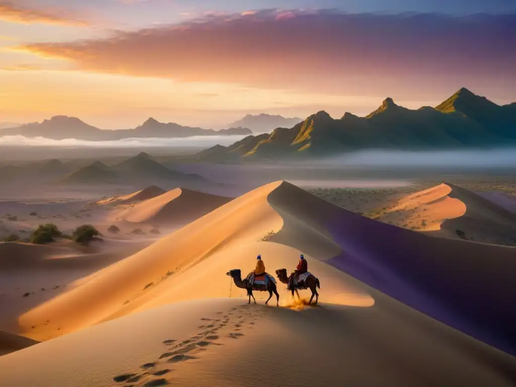 Cuadro vintage de tribus nómadas en desierto al atardecer, resaltando resistencia histórica