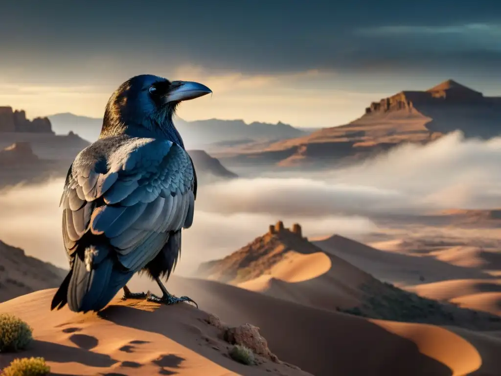 Un cuervo majestuoso surca un paisaje desértico, con símbolos en sus plumas