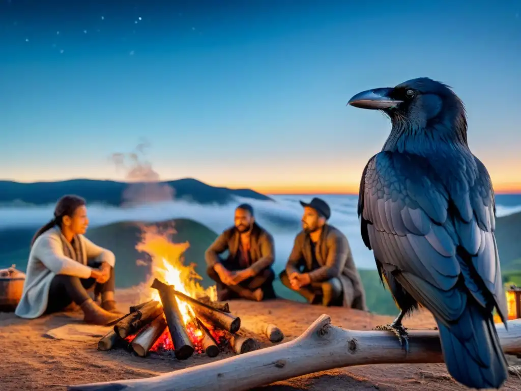 Un cuervo negro majestuoso observa a una tribu nómada alrededor de una fogata bajo un cielo estrellado, evocando el significado del cuervo en nómadas