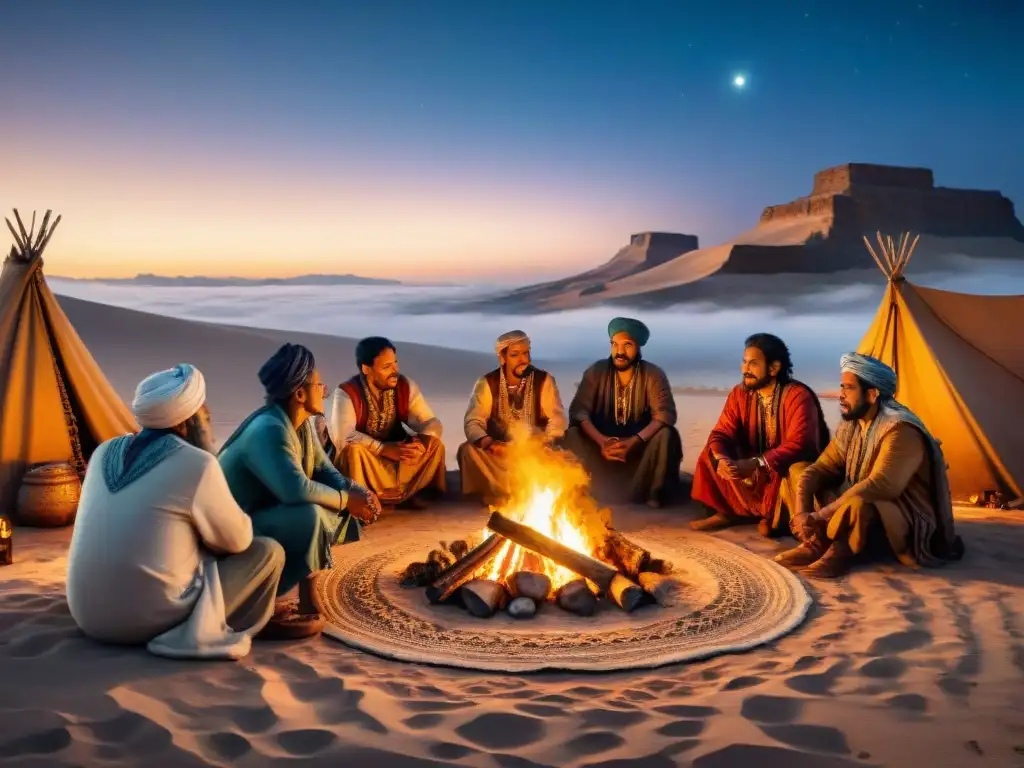 Culto a los antepasados en sociedades nómadas reunidos alrededor de una hoguera bajo un cielo estrellado en el desierto