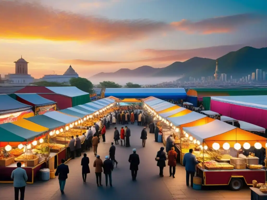 Cultura gastronómica de nómadas modernos reunidos en un bullicioso mercado callejero al atardecer