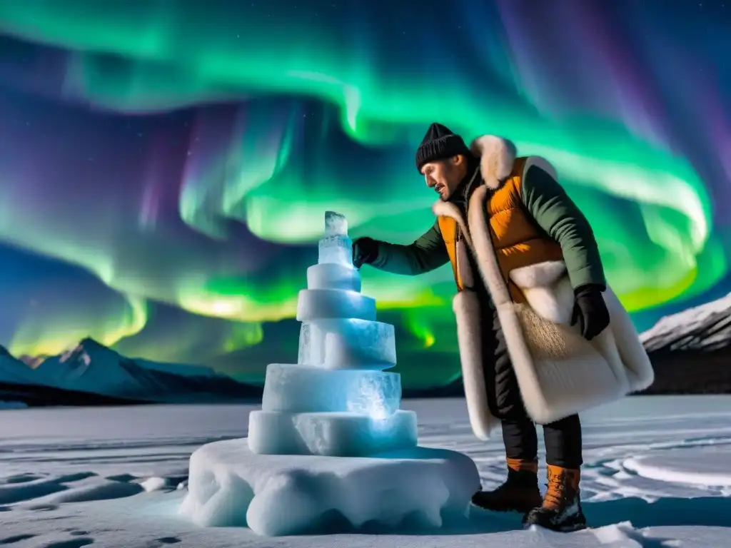 Cultura nómada en el Ártico creando escultura de hielo bajo auroras boreales