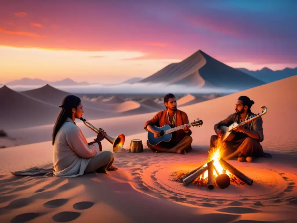 Cultura nómada al atardecer: tribu tocando instrumentos musicales tradicionales junto a la hoguera