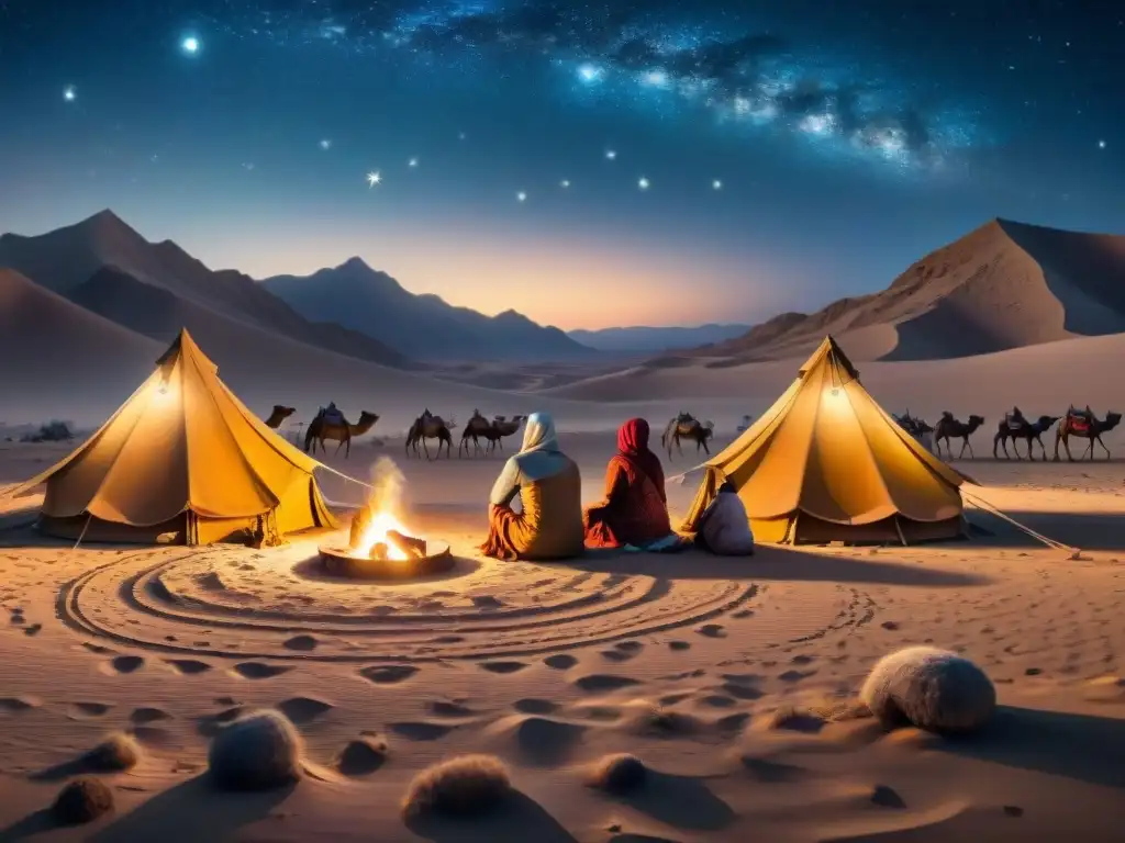 Cultura nómada: tribu preparando campamento bajo la luna y estrellas en desierto, para un sueño reparador