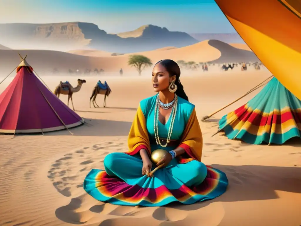 Un curandero nómada toca música tradicional rodeado de bailarines en un vibrante escenario desierto