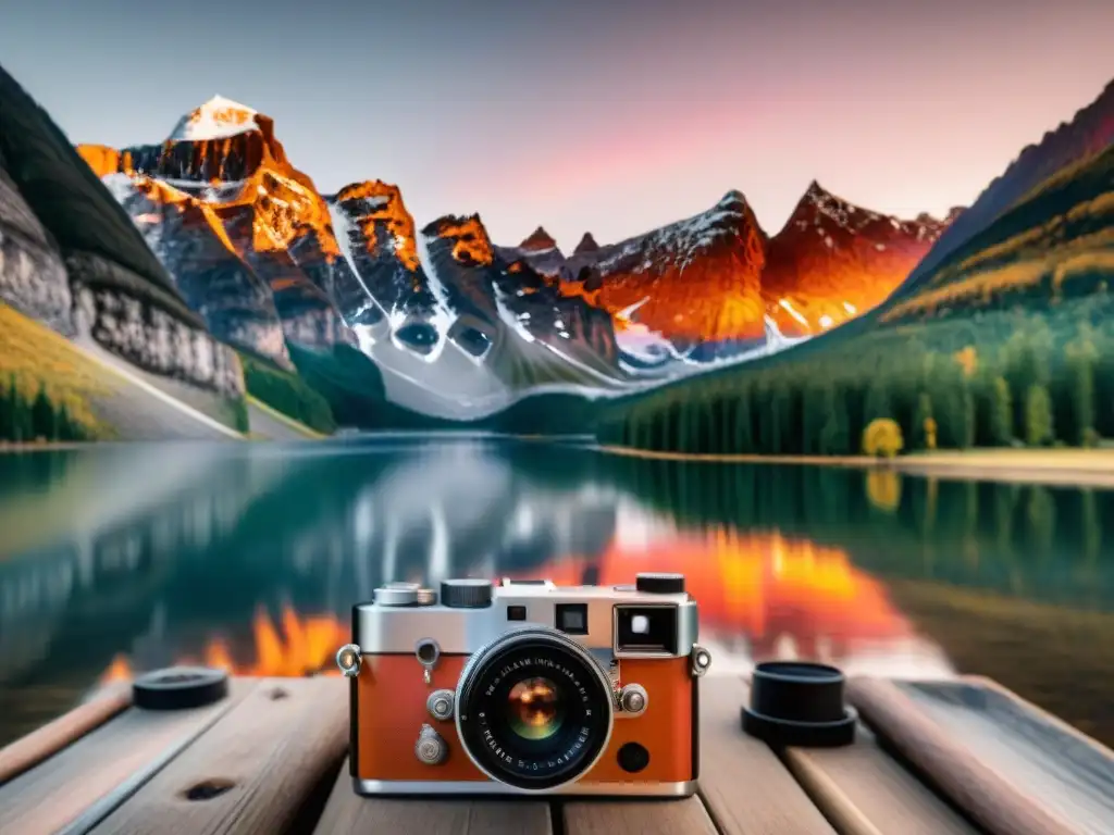 Curso de fotografía atardeceres amaneceres: Cámara vintage en trípode de madera, capturando un atardecer anaranjado reflejado en un lago sereno