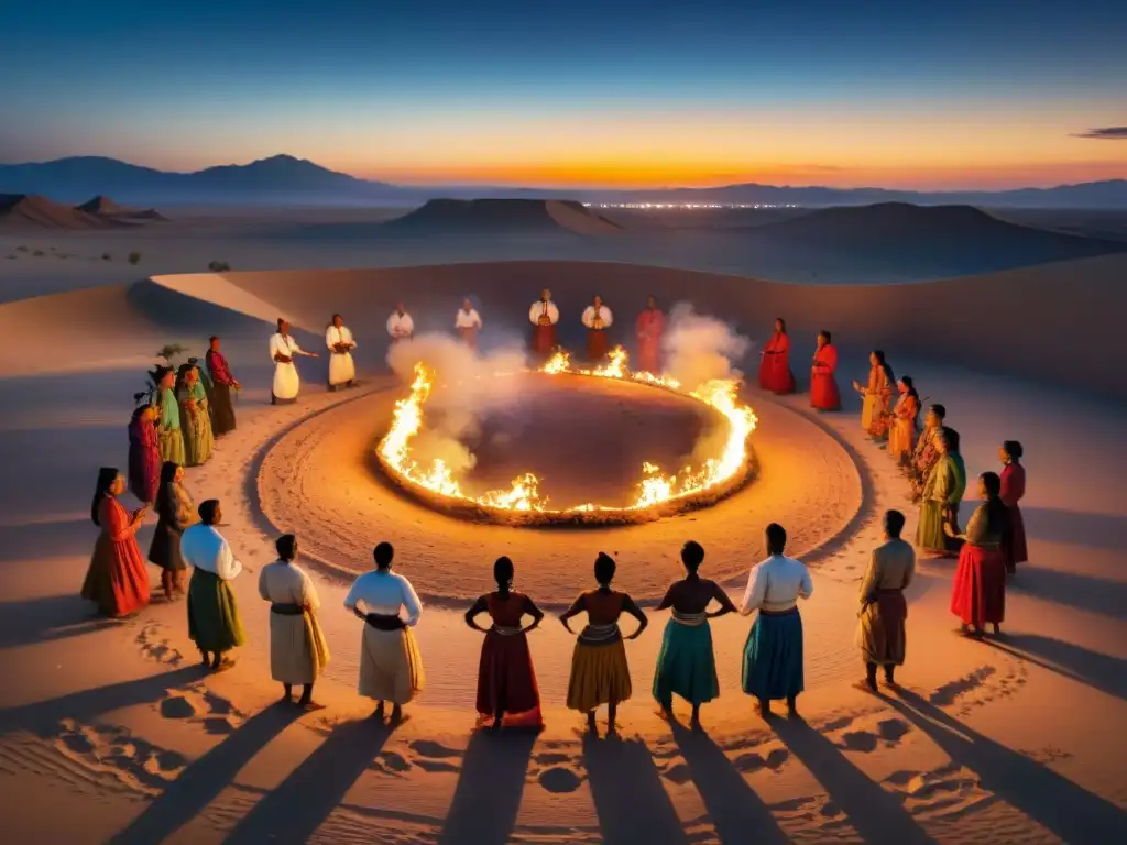 Danzas tradicionales nómadas alrededor de una fogata en el desierto bajo un cielo estrellado