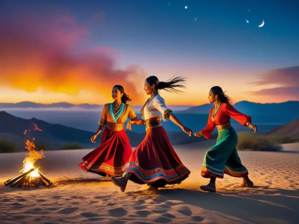 Danzas tradicionales nómadas: Grupo de bailarines en el desierto, movimientos alegres alrededor de una fogata bajo las estrellas