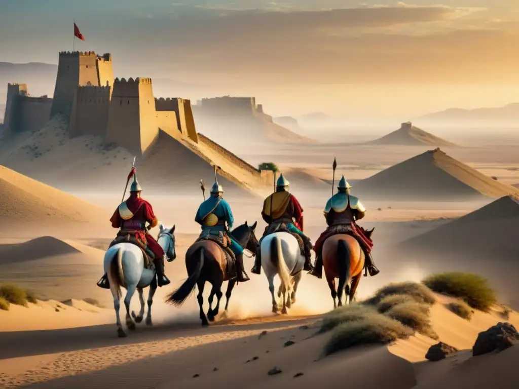 Guerreros nómadas en el desierto al atardecer Defensas nómadas contra avances sedentarios: Guerreros cabalgan al atardecer hacia fortificaciones antiguas en un vasto desierto