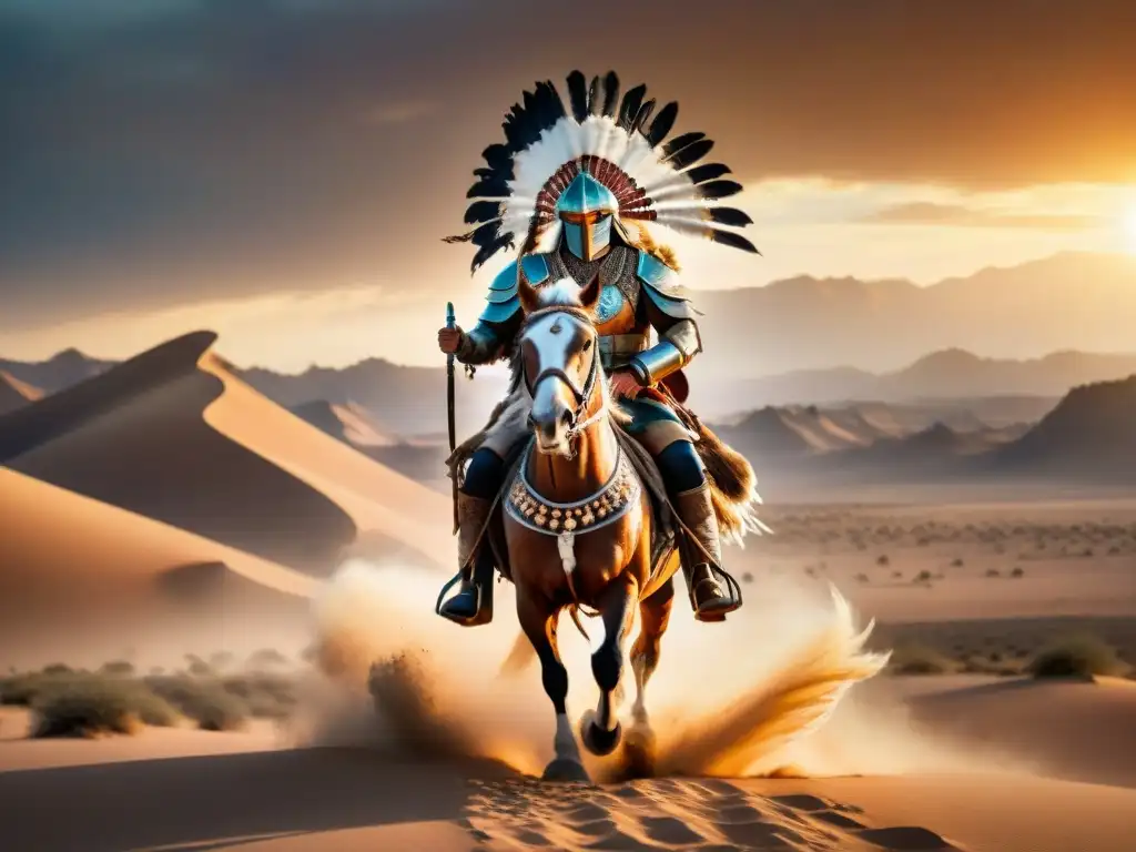 Tríbe nómada en desierto con armas avanzadas y líder con headdress tribal Defensas nómadas contra avances sedentarios: Tribu antigua a caballo con armaduras y armas avanzadas, surcando un paisaje desértico al atardecer