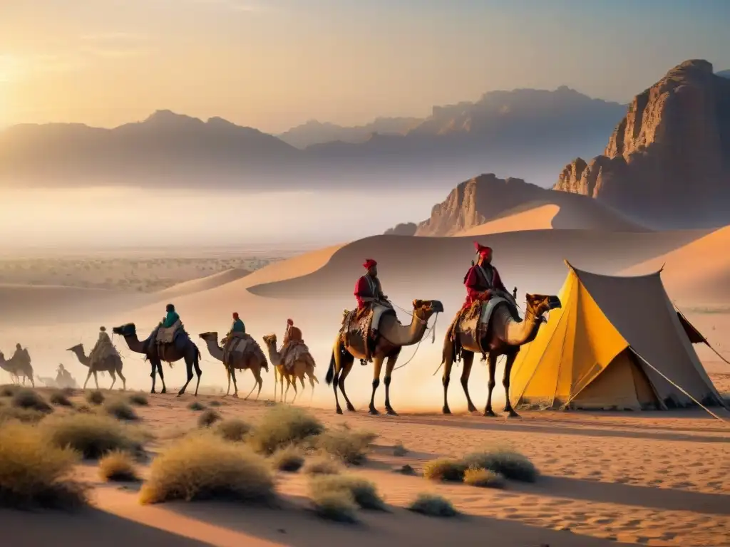 Tribo nómada defiende oasis al atardecer Defensas nómadas contra avances sedentarios: Tribu estratégica en desierto al atardecer con carpas, camellos y guerreros