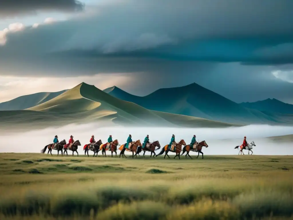 Descendencia de tribus nómadas en la estepa de Mongolia, evocando a Genghis Khan