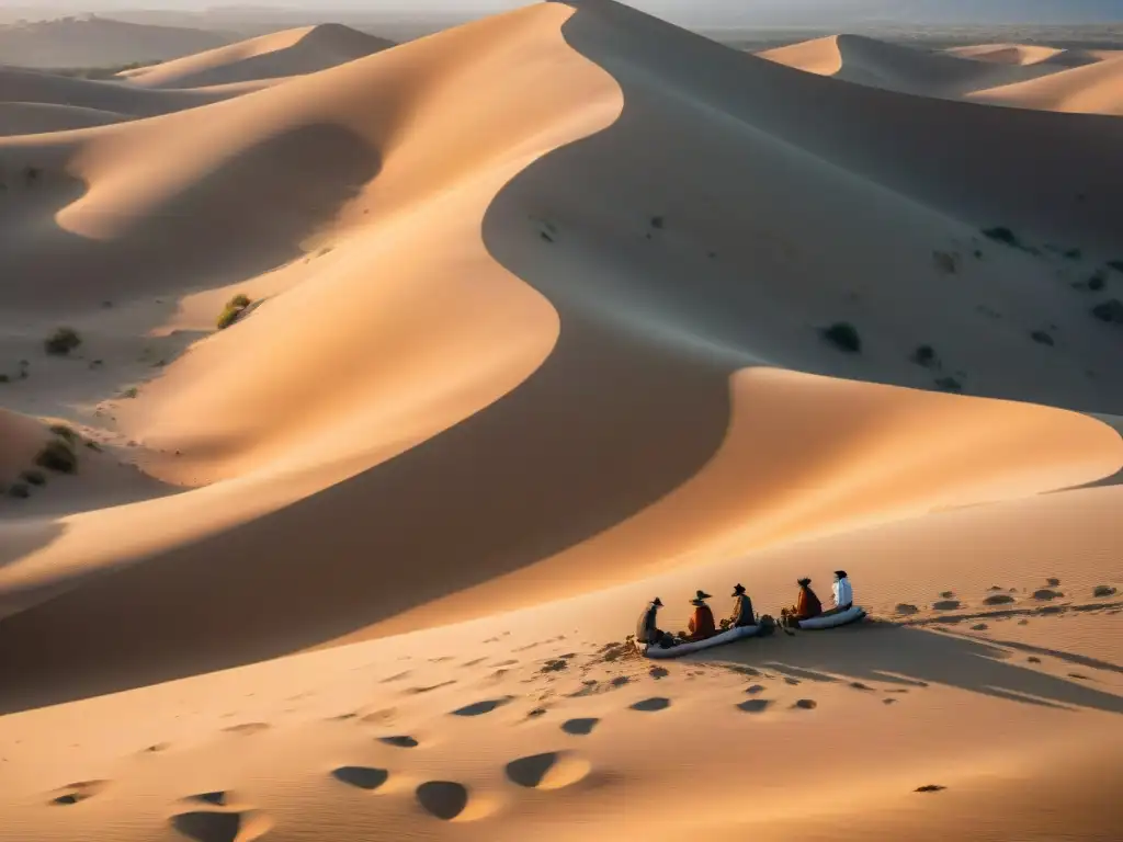 Descubrimiento de tumbas de tribu nómada: Excavación de artefactos antiguos al atardecer en desierto