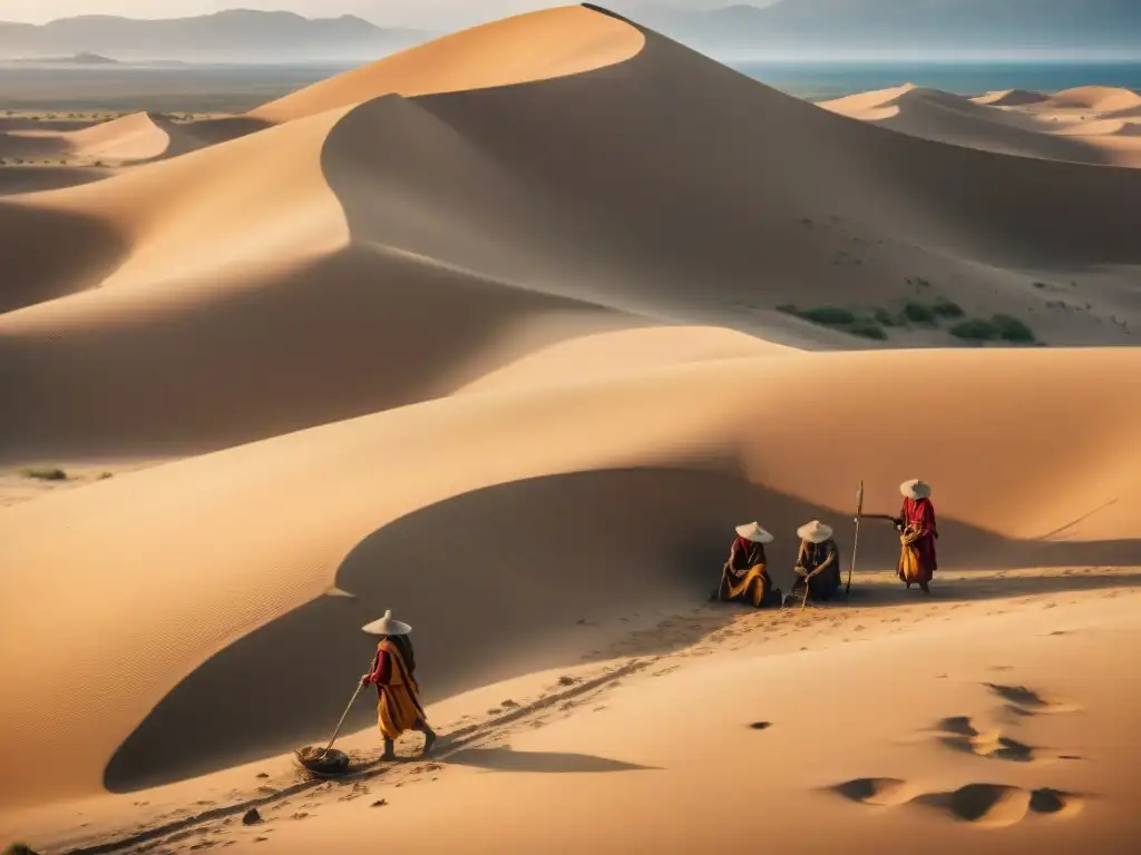 Descubrimientos de tribus nómadas excavando en desierto bajo el sol abrasador, revelando historia ancestral