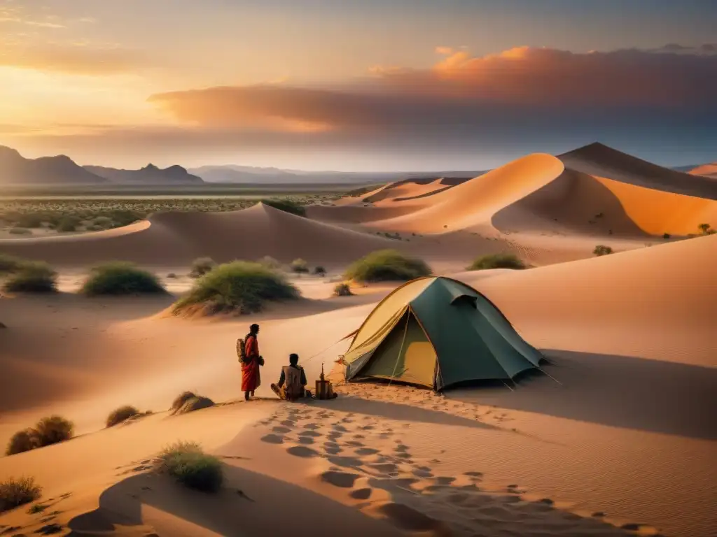 Un desierto árido al atardecer, tribu nómada montando tiendas cerca de un oasis