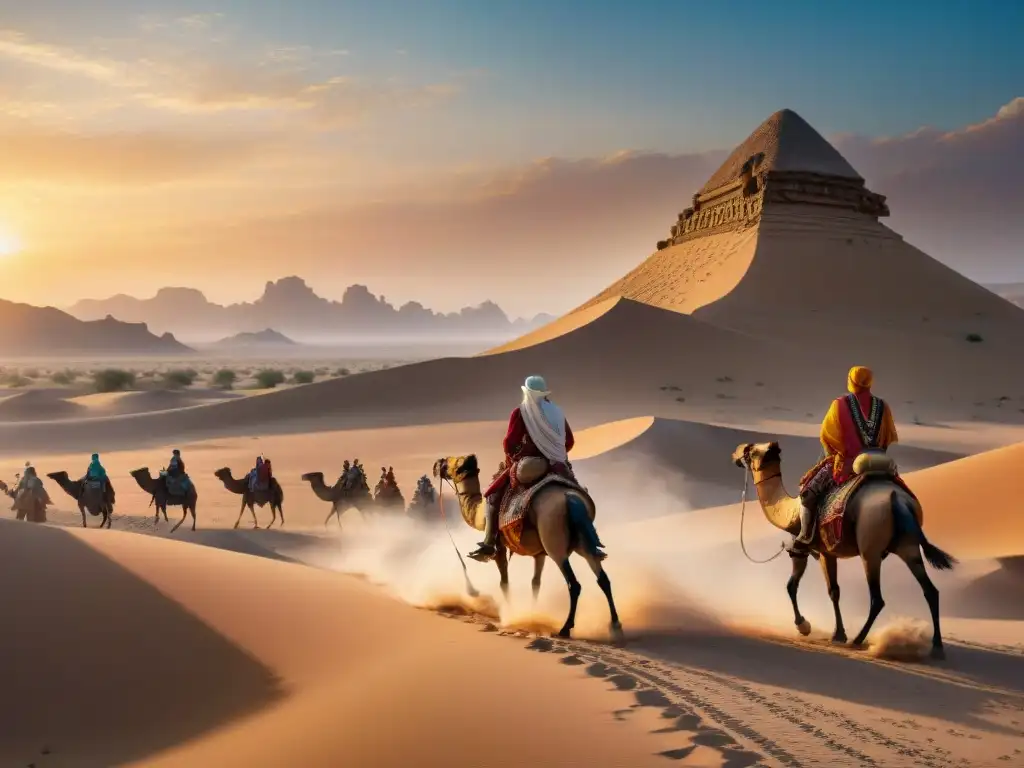 Desierto ancestral: tribu nómada a contraluz Desierto árido con tribu nómada a caballo al atardecer, reflejo de guerras nómadas influencia cultura moderna
