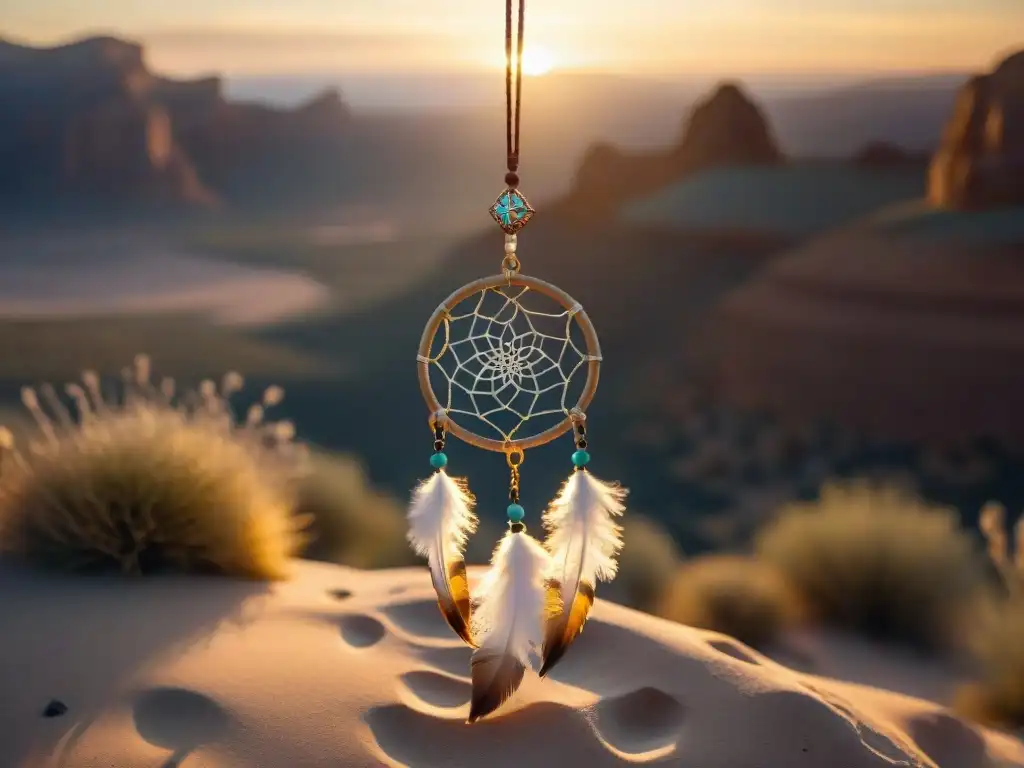 Dreamcatcher colgando en desierto al atardecer, capturando la comunicación mundo espiritual culturas nómadas