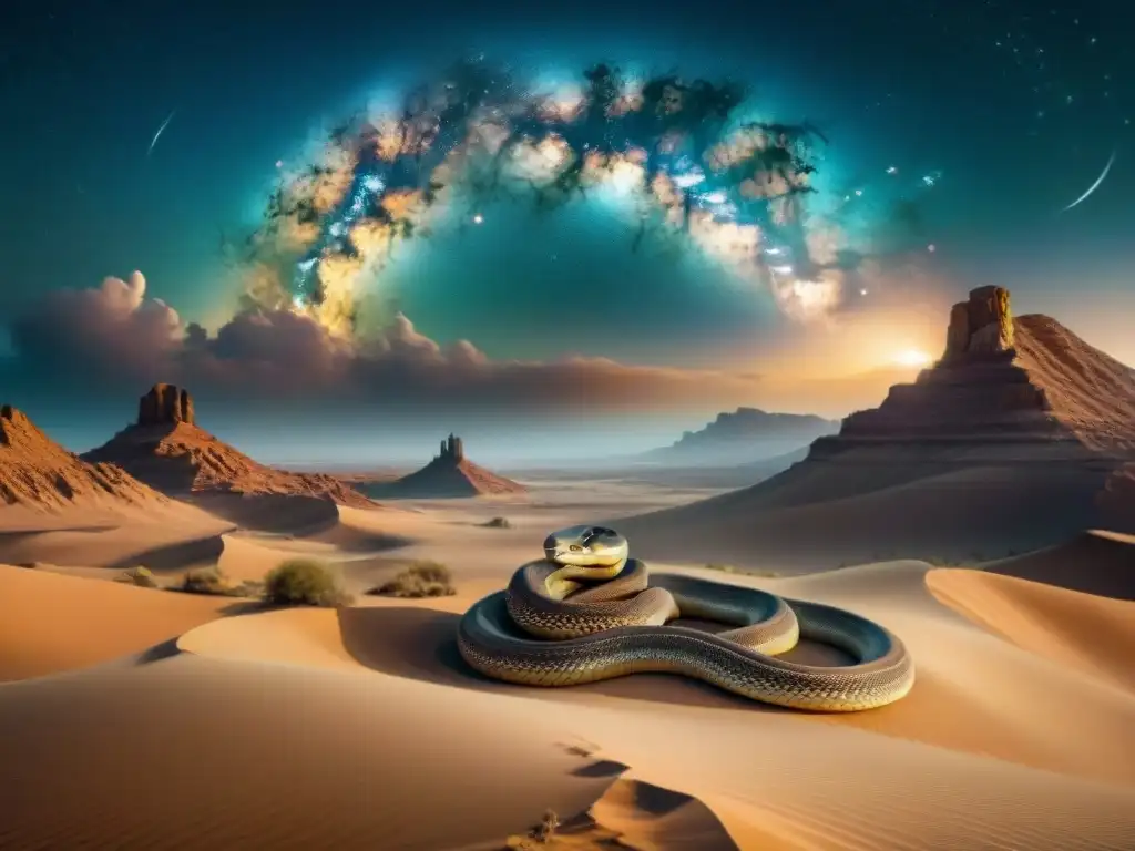 Un desierto estrellado con una serpiente cósmica, reflejando mitos de creación y destrucción en la cultura nómada