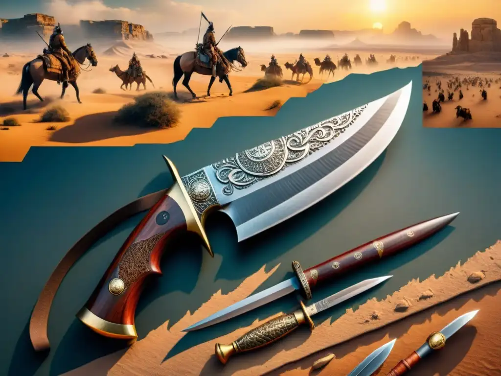 Evolución de armas nómadas: de cuchillos de piedra a dagas Ilustración detallada de la evolución de armas utilizadas por tribus nómadas, desde cuchillos de piedra hasta dagas elaboradas