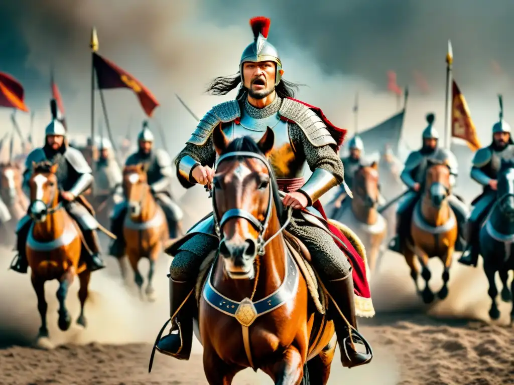 Attila el Huno: épica batalla en ilustración 8k Ilustración detallada en 8k de Atila el Huno dirigiendo a su ejército en batalla, con estrategias de guerra de los Hunos