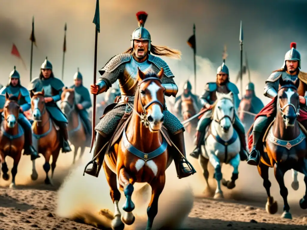 Attila el Huno lidera una carga épica en batalla Ilustración detallada de Atila el Huno liderando estrategias de guerra de los Hunos en combate, con caos y ferocidad