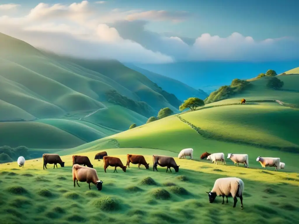 Paisaje campestre: animales pastando en armonía Ilustración detallada de campo verde con vacas, ovejas y cabras pastando en armonía