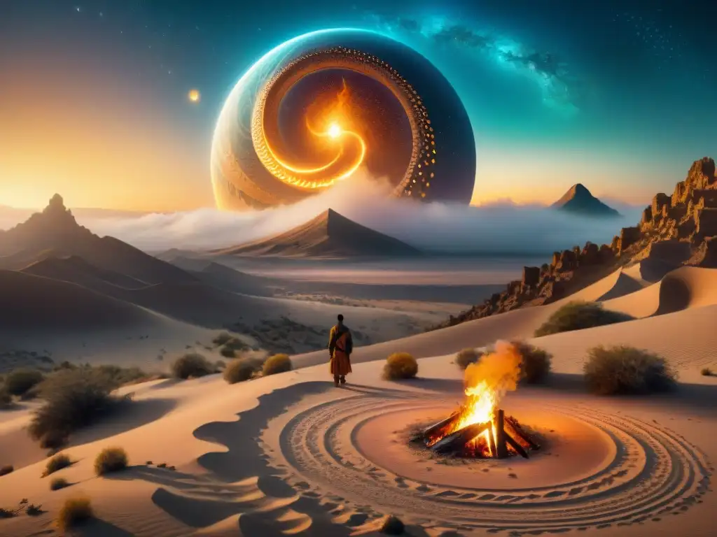 Ilustración detallada de un desierto bajo un cielo estrellado, con una serpiente mítica enroscada alrededor de una esfera celestial, simbolizando mitos de creación y destrucción en la cultura nómada