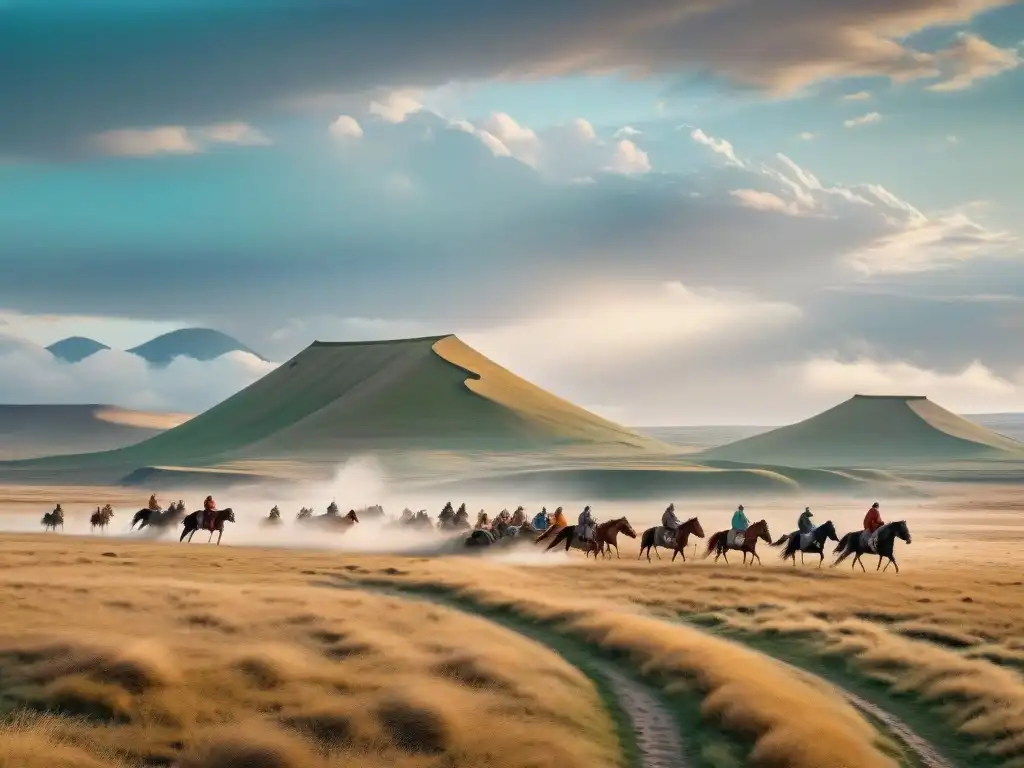 Ilustración vintage detallada en 8k de una estepa ventosa con yurtas nómadas, caballos y tribus bajo un cielo dramático