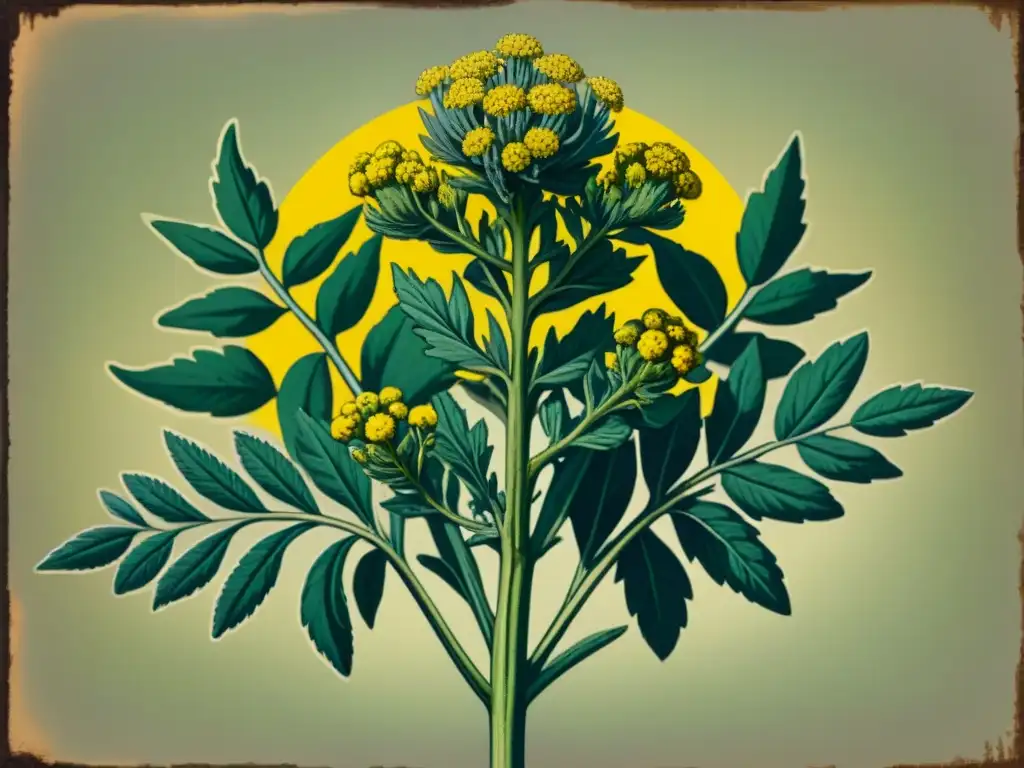 Ilustración vintage detallada de Artemisia absinthium en flor, destacando sus hojas plateadas y flores amarillas, rodeada de encaje