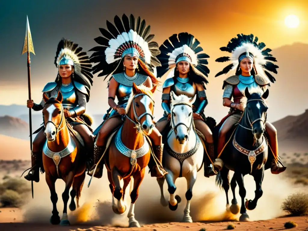 Ilustración detallada en 8k de guerreras nómadas empoderadas, con armaduras de cuero y tocados de plumas, cabalgando en el desierto bajo el sol ardiente