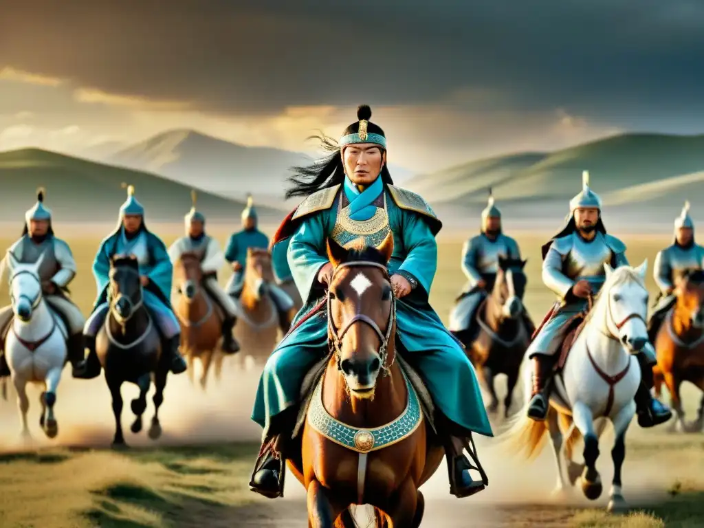 Ilustración detallada de Genghis Khan liderando a guerreros mongoles a través de la estepa asiática