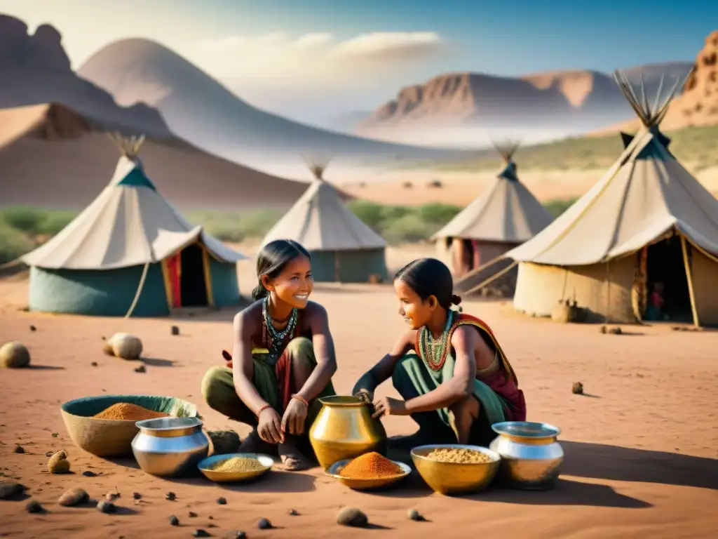 Detallada ilustración vintage de niños nómadas realizando actividades económicas en su comunidad tribal en el desierto