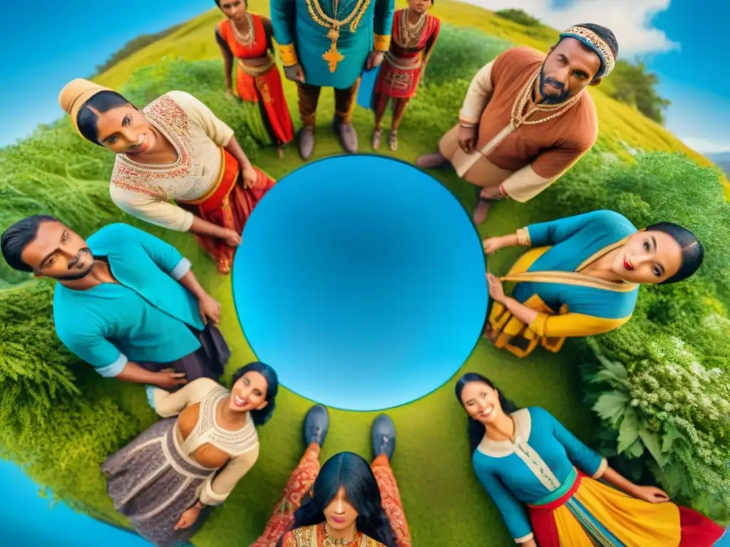 Reunión multicultural de nómadas: diversidad y armonía global Representación detallada de personas nómadas de diferentes culturas unidas en armonía, transmitiendo lecciones nómadas para sociedad sostenible
