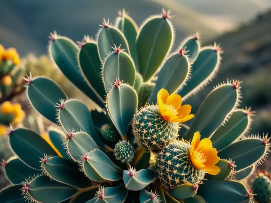 Ilustración detallada de plantas medicinales en un desierto, destacando cactus, arbustos y flores