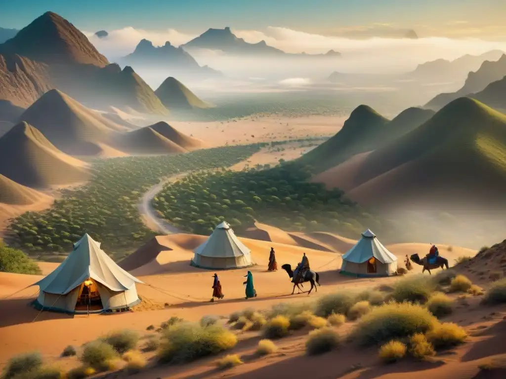 Ilustración detallada de una tribu nómada viajando en camellos por desiertos, con tiendas y logística nómada recursos en largas campañas