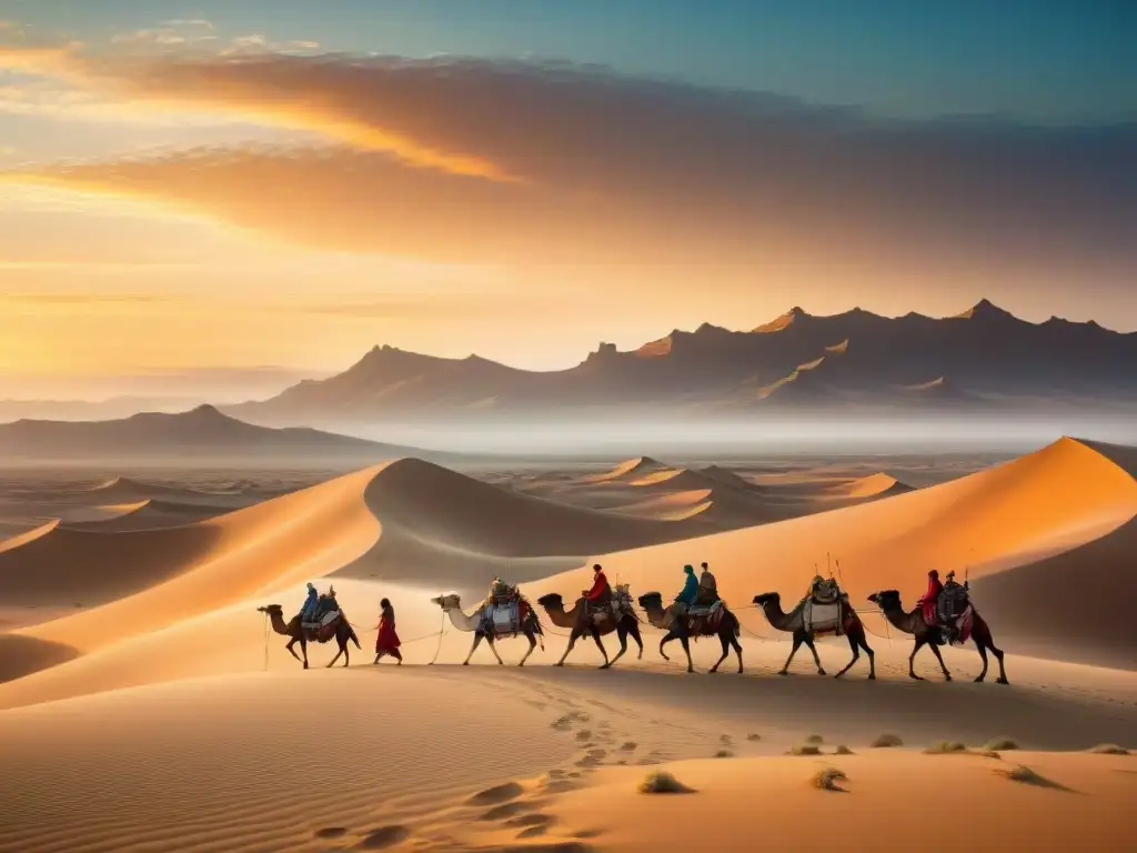 Ilustración detallada de una tribu nómada cruzando un desierto, con tiendas y camellos, en un paisaje desafiante al atardecer