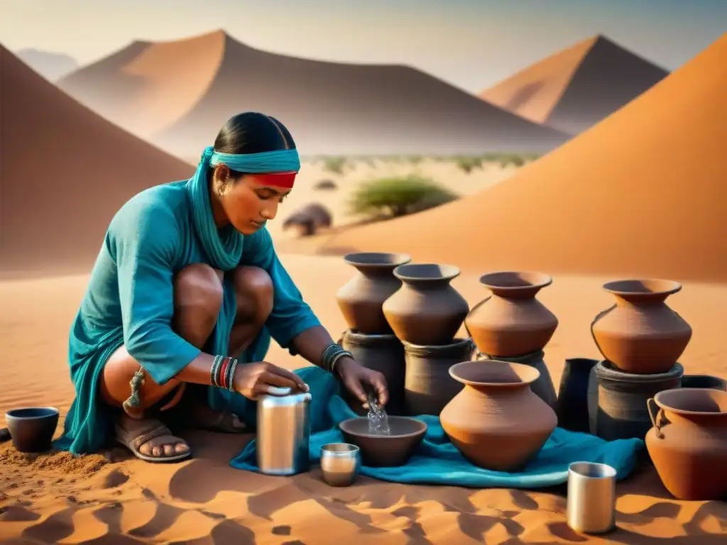 Ilustración detallada de una tribu nómada en desierto purificando agua con métodos tradicionales