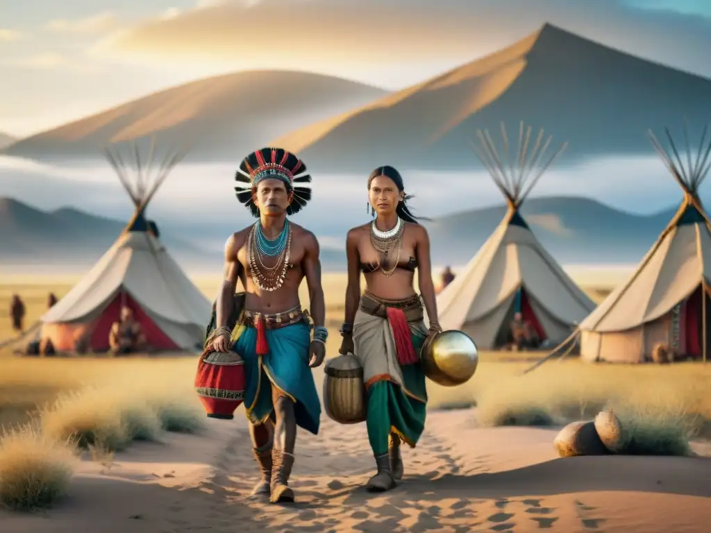 Ilustración detallada de tribu nómada: crianza comunal y lazos únicos Detallada ilustración vintage de una tribu nómade en movimiento, mostrando modelos de parentalidad en tribus
