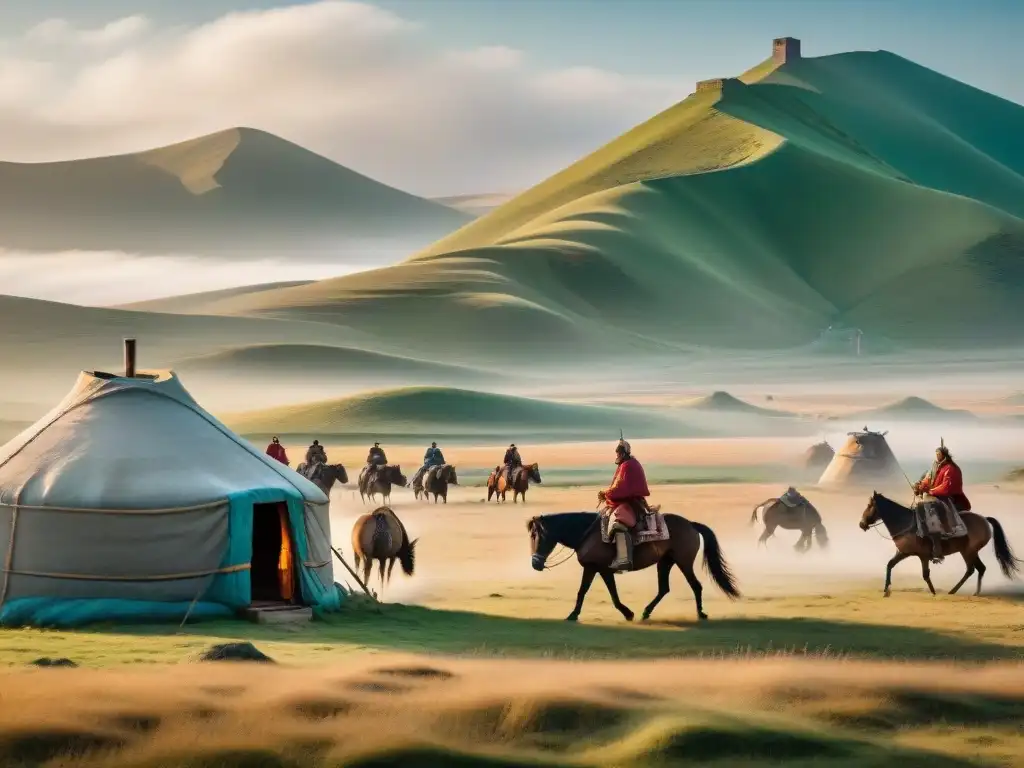 Ilustración detallada de tribus nómadas mongolas viajando a caballo por las vastas estepas de Asia, con yurtas tradicionales y animales indígenas
