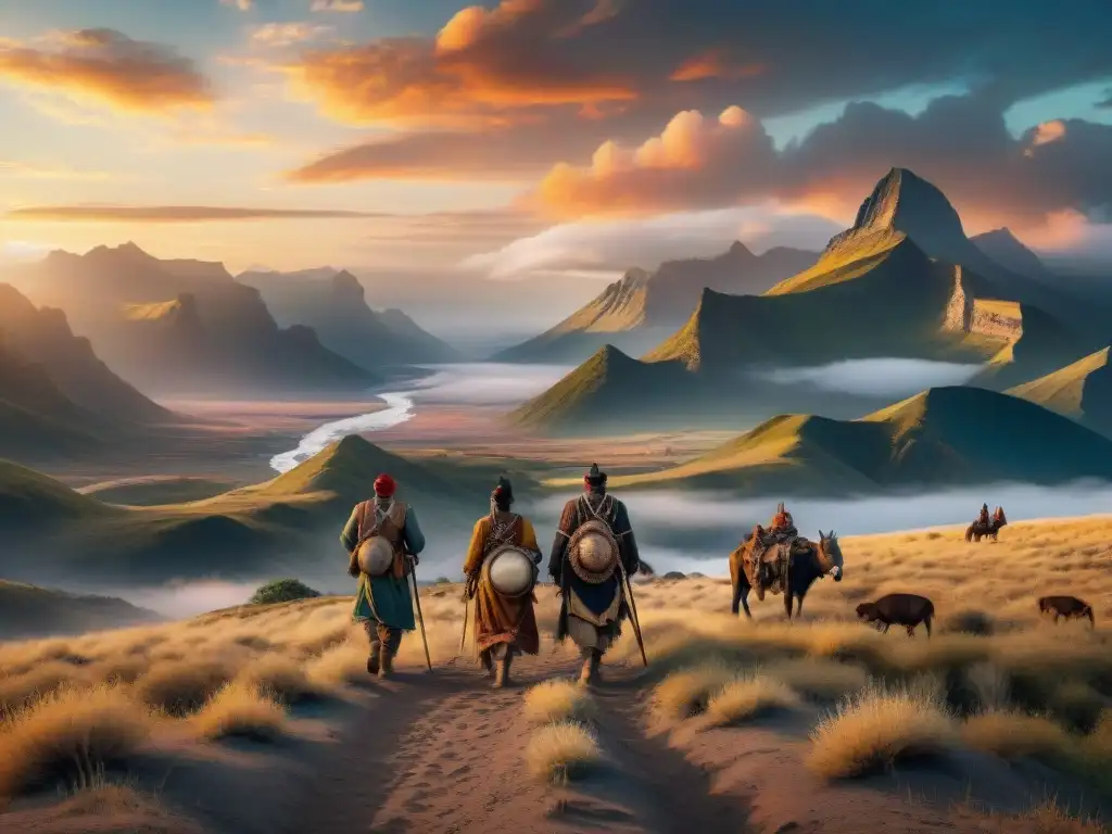 Ilustración detallada en 8k de tribus nómadas viajando por paisajes vastos Ilustración vintage detallada en 8k de tribus nómadas viajando por paisajes vastos y áridos al atardecer