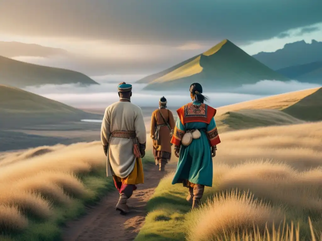 Detallada ilustración vintage de tribus nómadas con ropa tradicional adaptada a climas extremos en la estepa