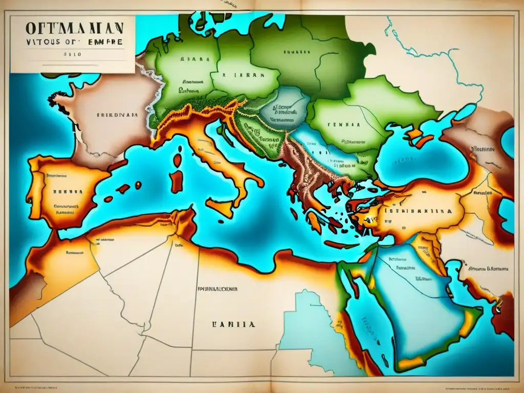Detallado mapa vintage del Imperio Otomano con tribus nómadas, mostrando consecuencias de la conquista