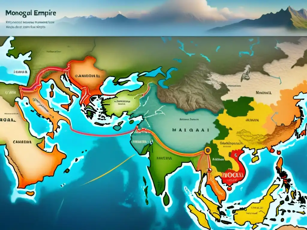 Detallado mapa vintage muestra la expansión del Imperio Mongol con ilustraciones de batallas, rutas comerciales y intercambios culturales en colores desgastados, resaltando el impacto de las relaciones internacionales en las conquistas de las dinastías nómadas