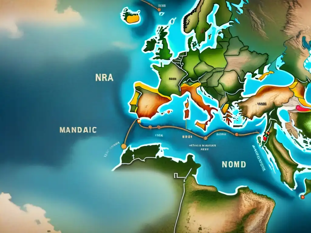 Detallado mapa vintage de migración nómada por cambio climático en tonos tierra sobre pergamino sepia, con ilustraciones tradicionales