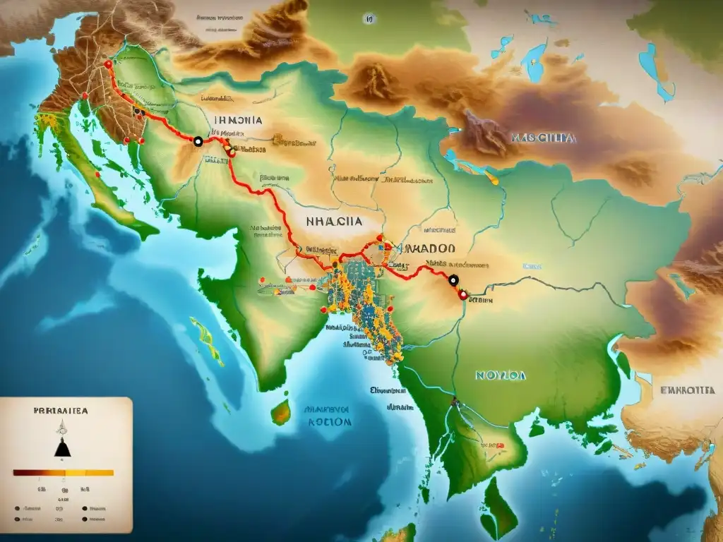 Detallado mapa vintage de los patrones de asentamiento de las tribus nómadas, con tiendas y rutas migratorias en tonos terrosos