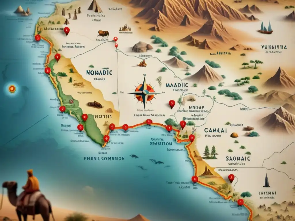 Detallado mapa vintage de rutas migratorias de tribus nómadas, con ilustraciones del desierto, oasis y tiendas nómadas en paisajes desérticos